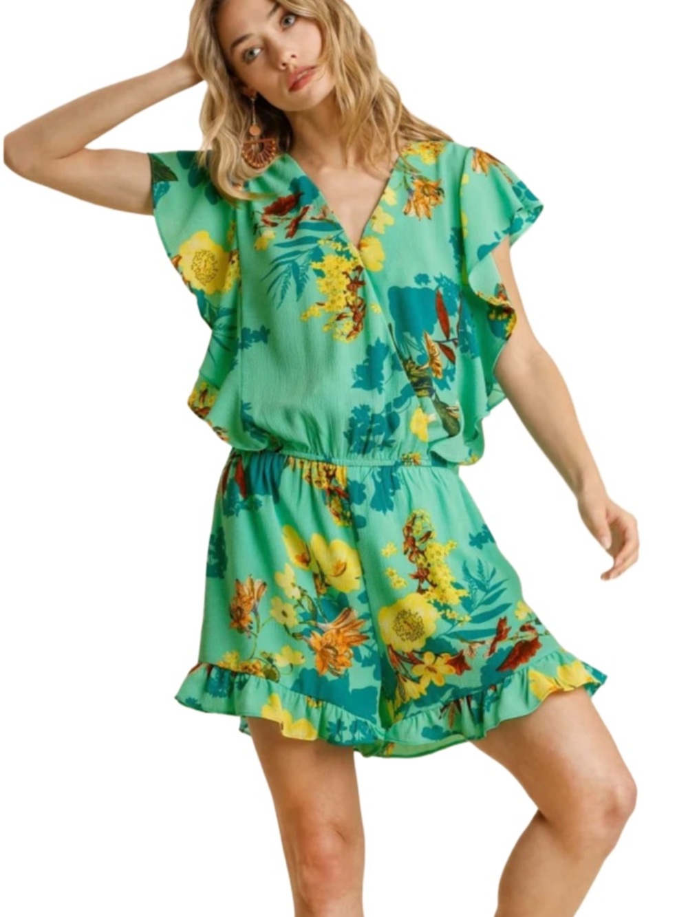 Tropical Floral Green Romper with Ruffle Hem - Large